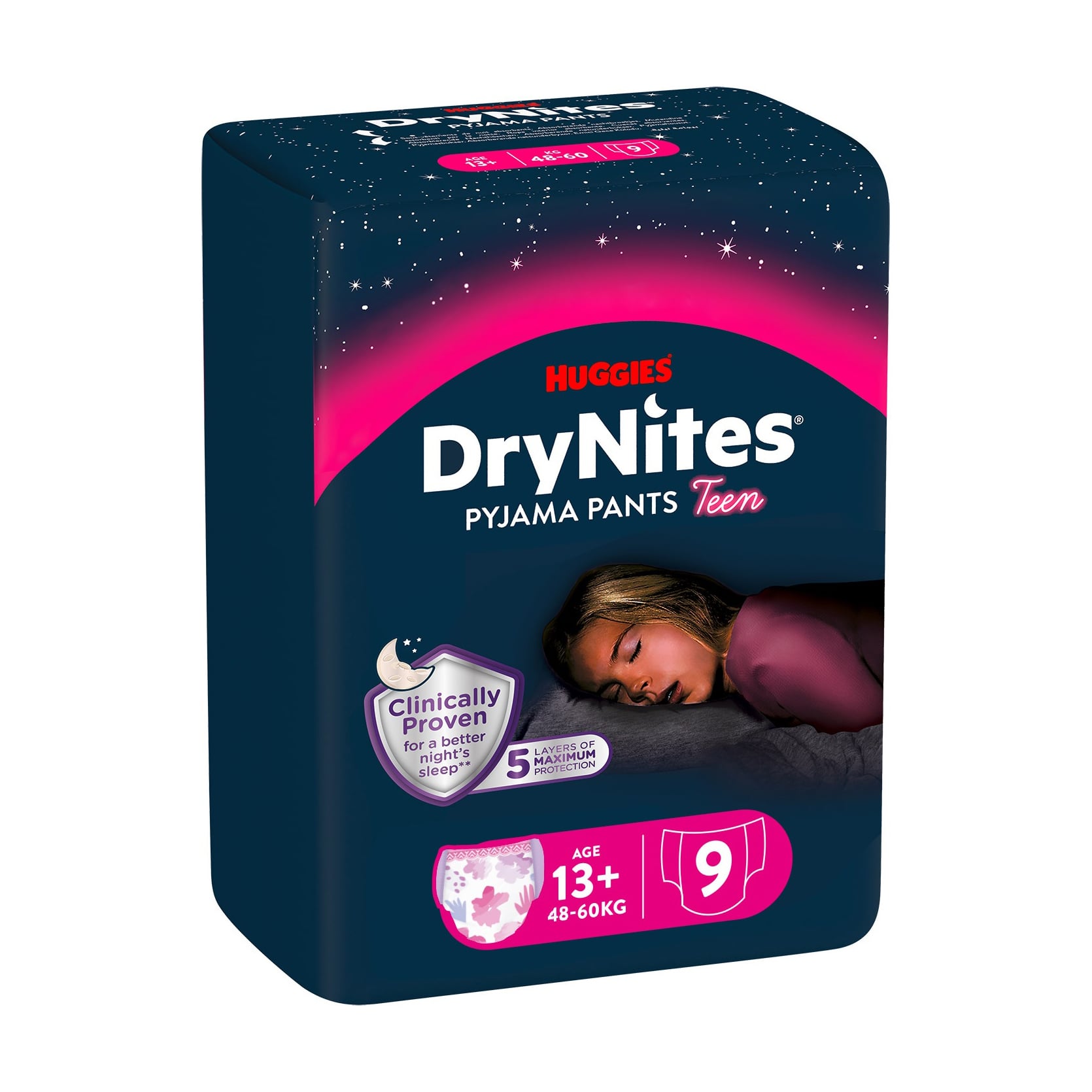 Нічні трусики-підгузки Huggies DryNites для дівчаток, 13+ років (48-60 кг), 9 шт